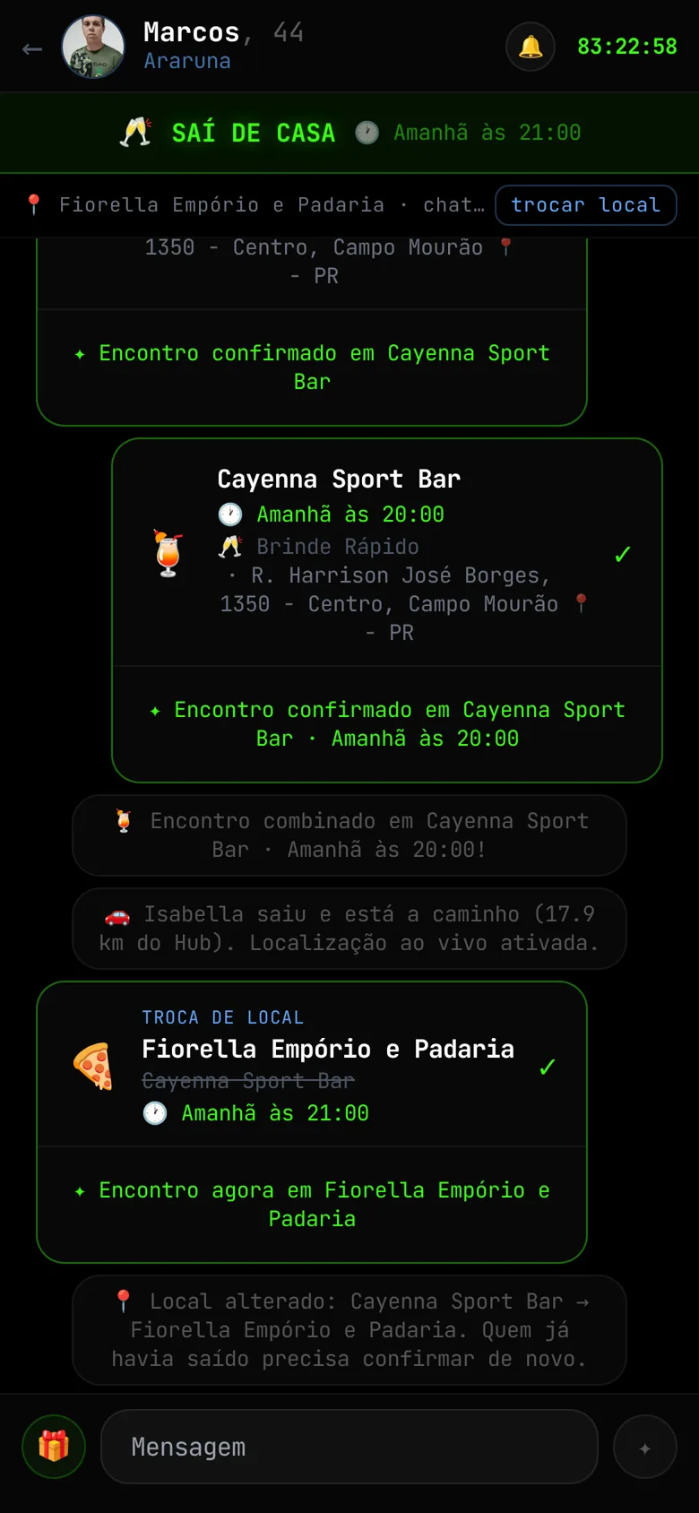 Chat com encontro combinado e localização ao vivo