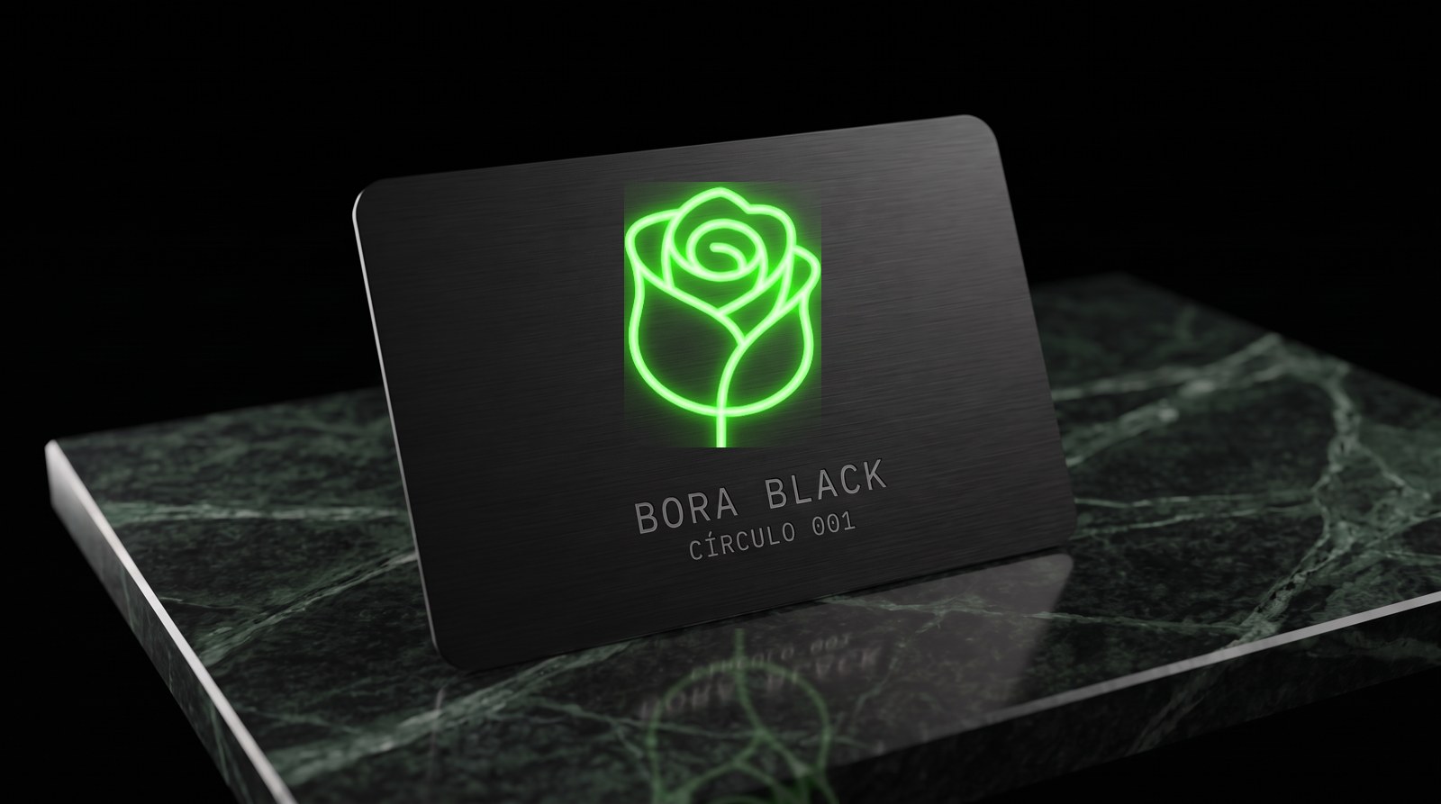 Cartão de membro Bora Black em metal preto com a rosa geométrica gravada em neon verde